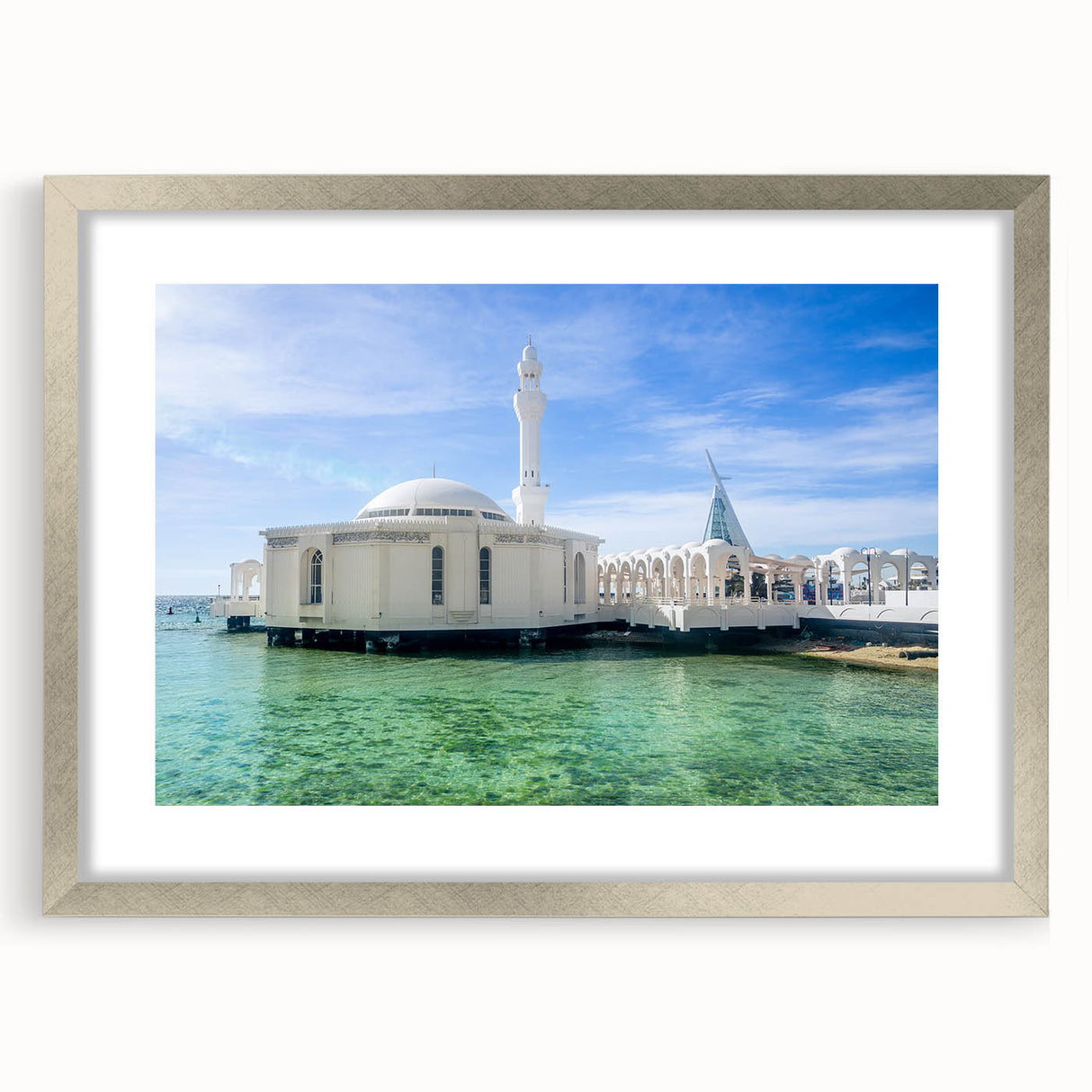 Textured abstract art print depicting a muted desert landscape, framed in silver, suitable for bedroom art.