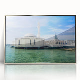 Mid-century modernist art depicting the Saudi Arabian landscape in muted earth tones on a framed acrylic print.