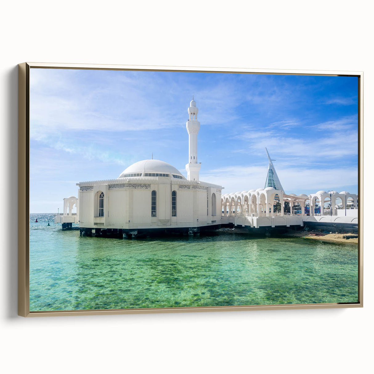 Framed canvas featuring a vintage-style landscape painting of a Middle Eastern desert in muted gold and black tones.
