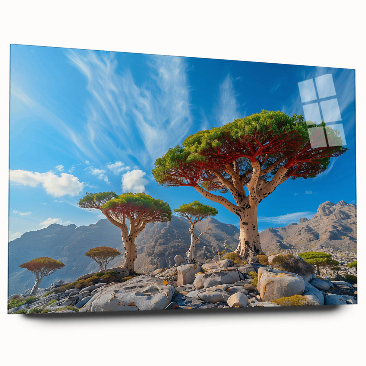 Large abstract depiction of a Middle Eastern landscape in muted earth tones on acrylic glass.