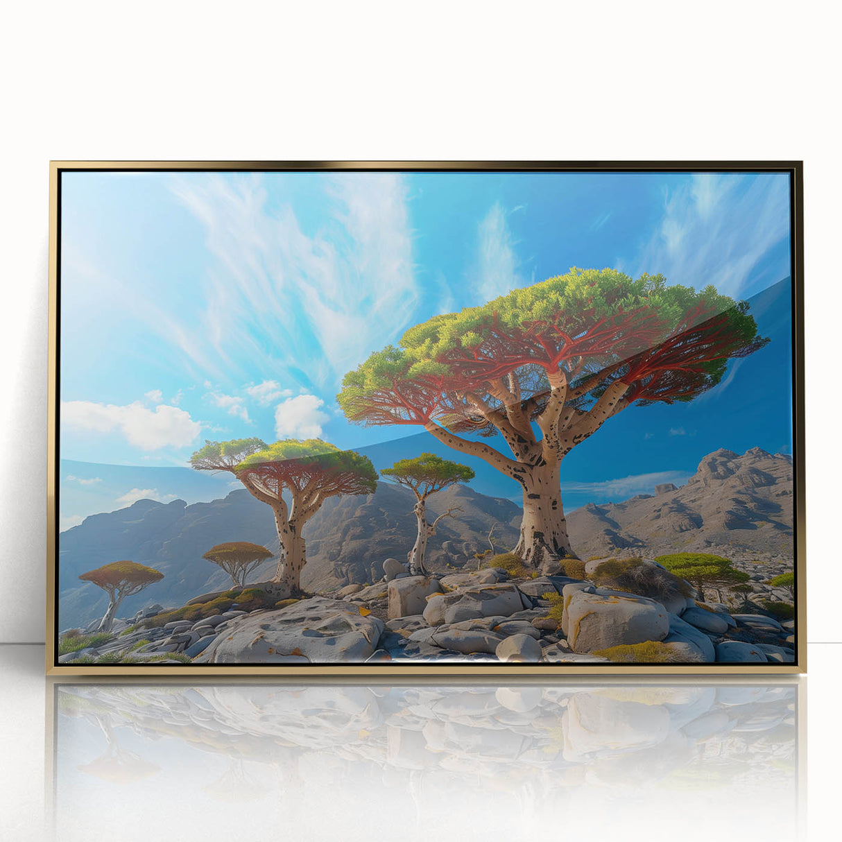 Mid-century modernist style large art print of a Yemen scenery in gold tones, framed acrylic.