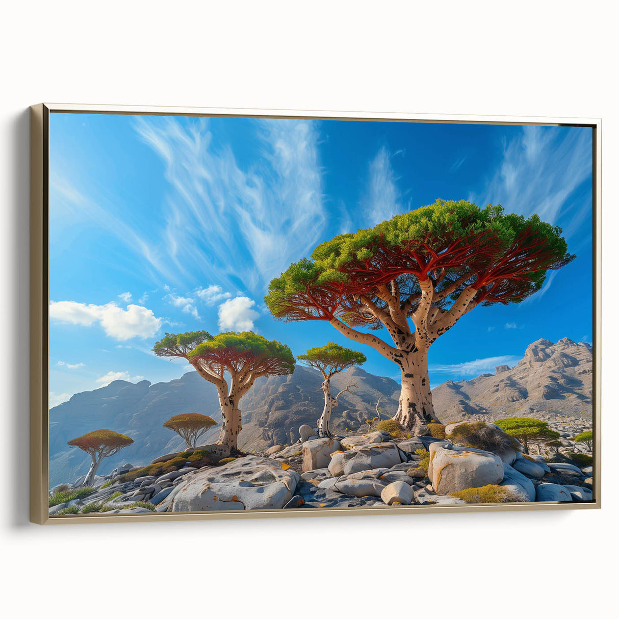 Framed canvas depicting a vintage-style landscape of a Middle Eastern scenery in gold and black tones.
