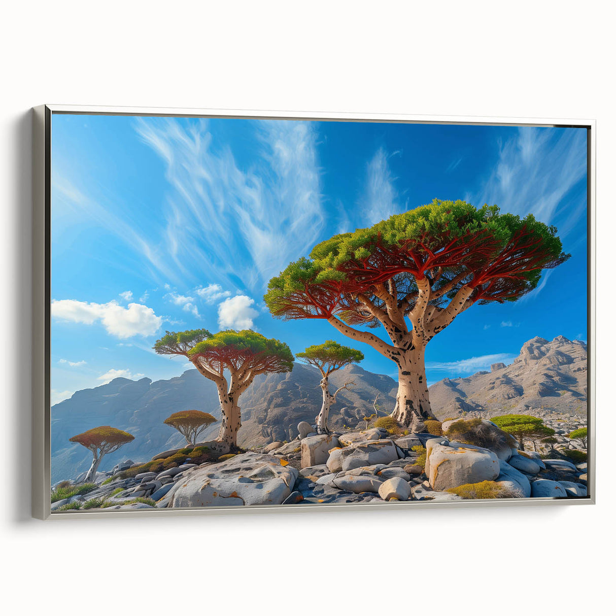 Landscape art painting of a Middle Eastern scenery on framed canvas, featuring vibrant colors with black and silver accents.