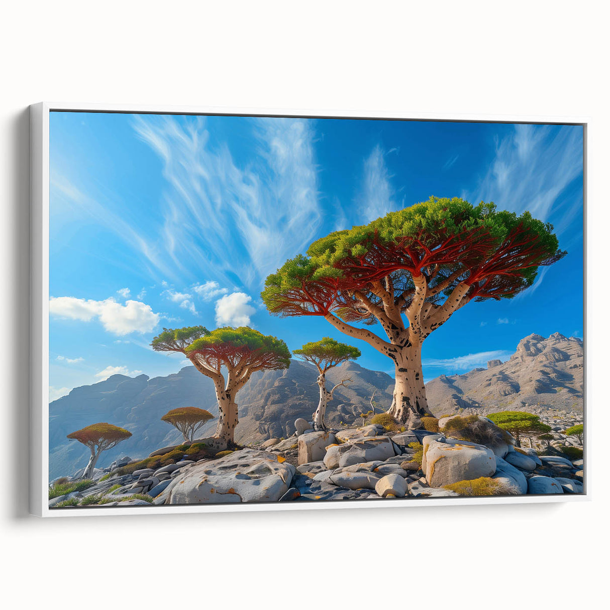 Vintage poster art of a Middle Eastern scenery on a framed canvas, with vibrant colors, ideal for living room decor.