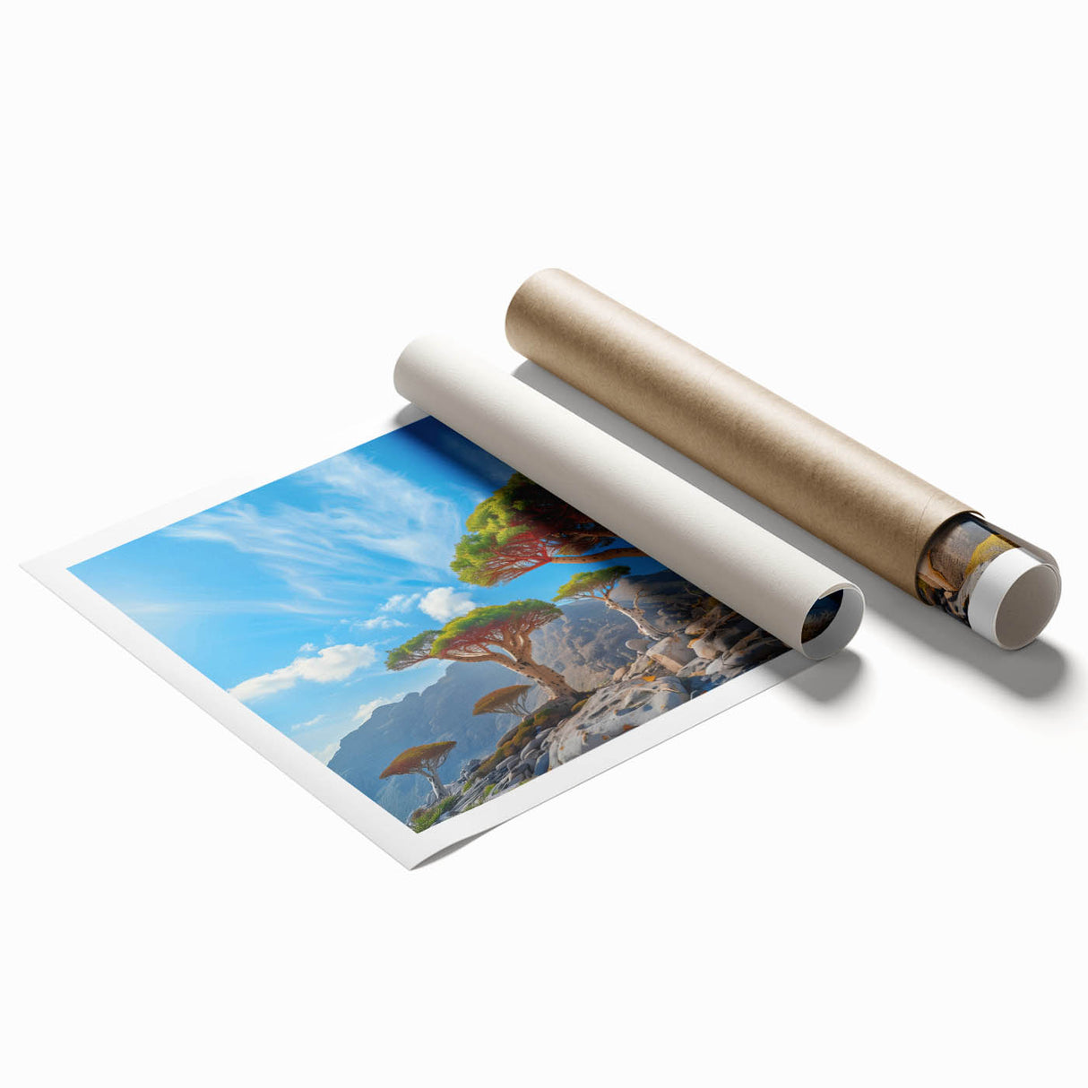 Extra large rolled print of a Middle Eastern scenery with floral art in muted earth tones.