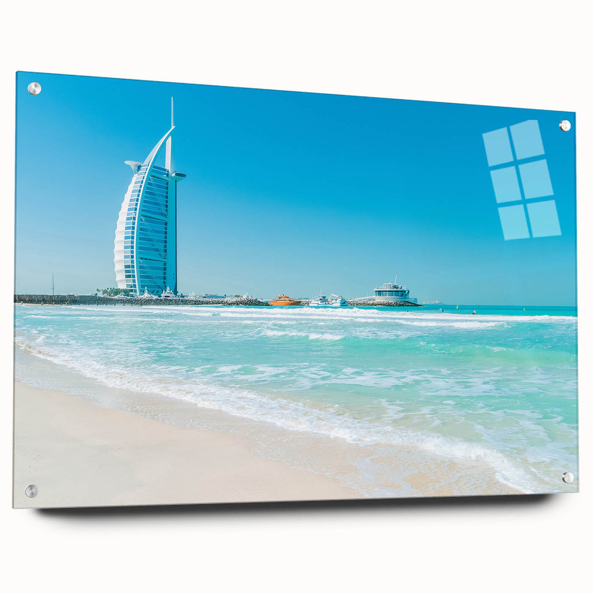 Acrylic glass print of a side view of Burj Al Arab in muted blue and white tones, suitable for bedroom or dining room decor.