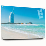 Acrylic glass print of a side view of Burj Al Arab in muted blue and white tones, suitable for bedroom or dining room decor.