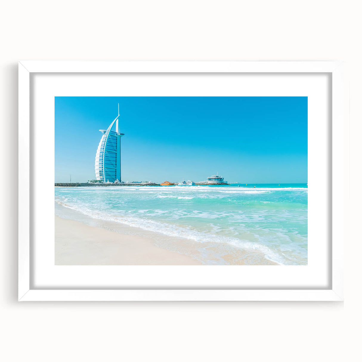 Abstract art print of Burj Al Arab in muted blue tones on a white framed canvas, ideal for dining room decor.