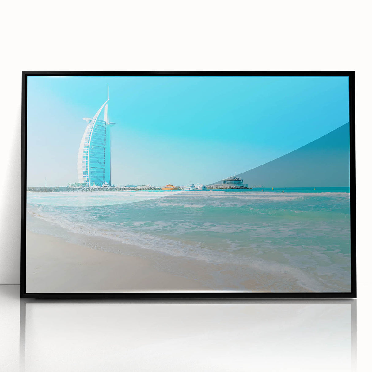 Large abstract wall art depicting the Burj Al Arab in muted gray tones on a framed acrylic print.