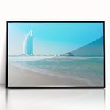 Large abstract wall art depicting the Burj Al Arab in muted gray tones on a framed acrylic print.