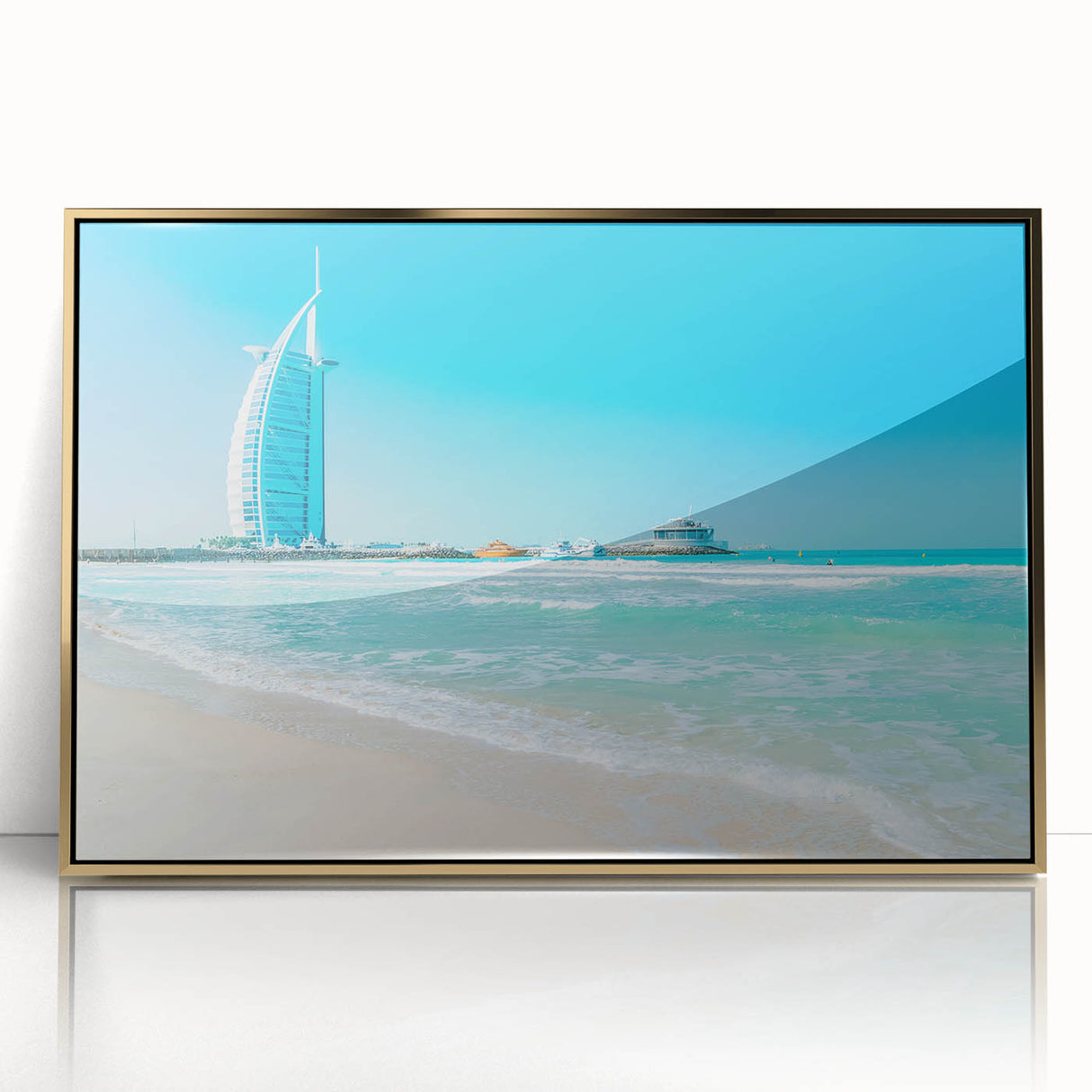 Mid-century modernist style large art print of Burj Al Arab in muted gold tones on acrylic, ideal for modern art wall decor.