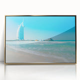 Mid-century modernist style large art print of Burj Al Arab in muted gold tones on acrylic, ideal for modern art wall decor.