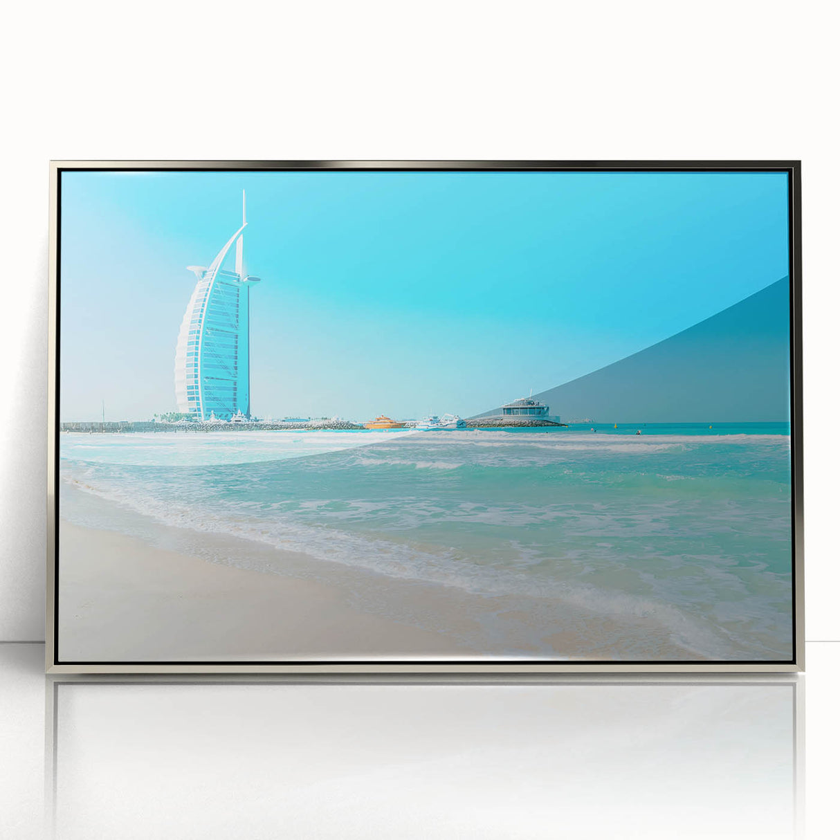 Mid-century modernist art of the Burj Khalifa and surrounding cityscape in silver-framed acrylic.
