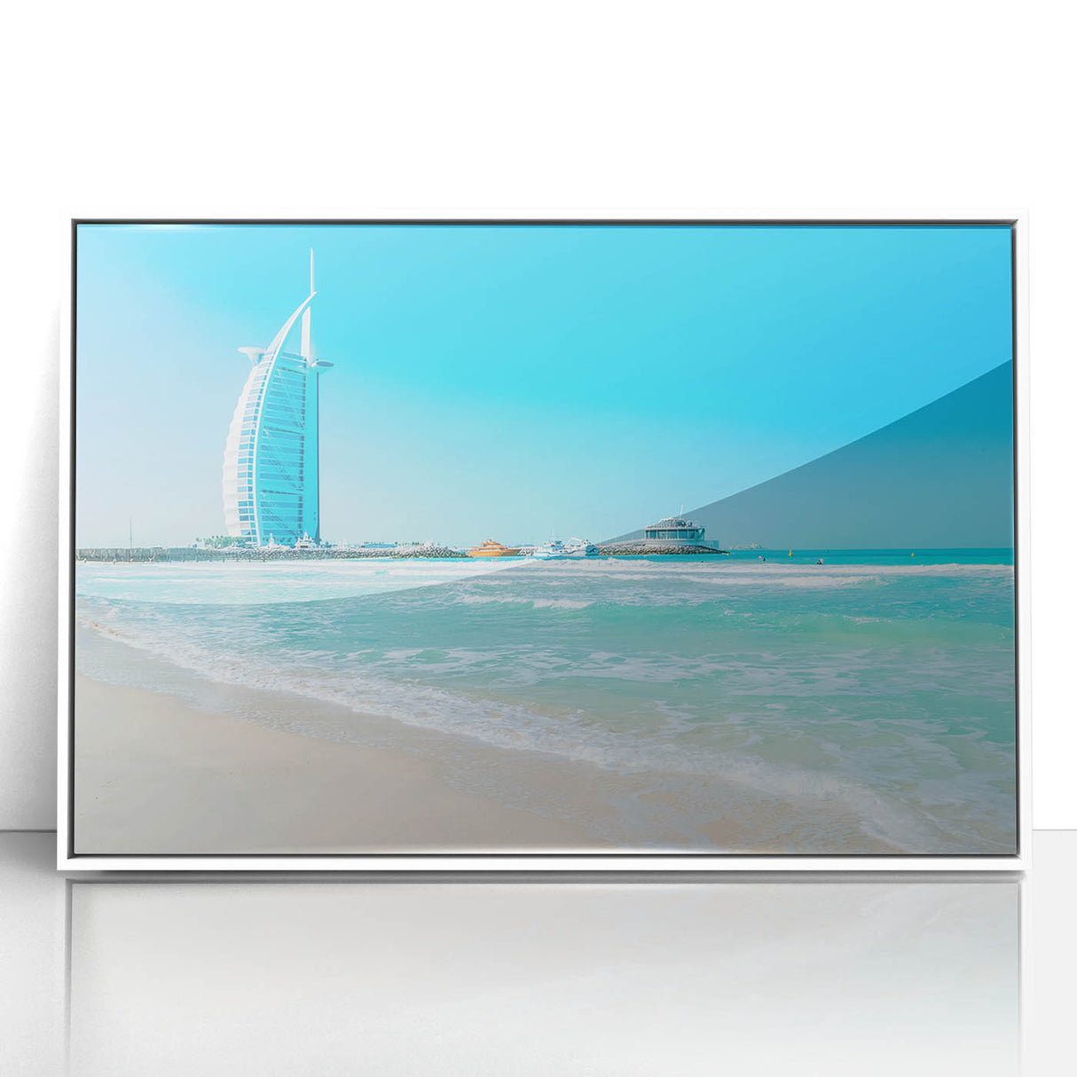 Art deco poster of Burj Al Arab in pastel shades on white framed acrylic, suitable for modern art wall decor.