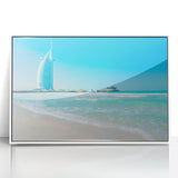 Art deco poster of Burj Al Arab in pastel shades on white framed acrylic, suitable for modern art wall decor.