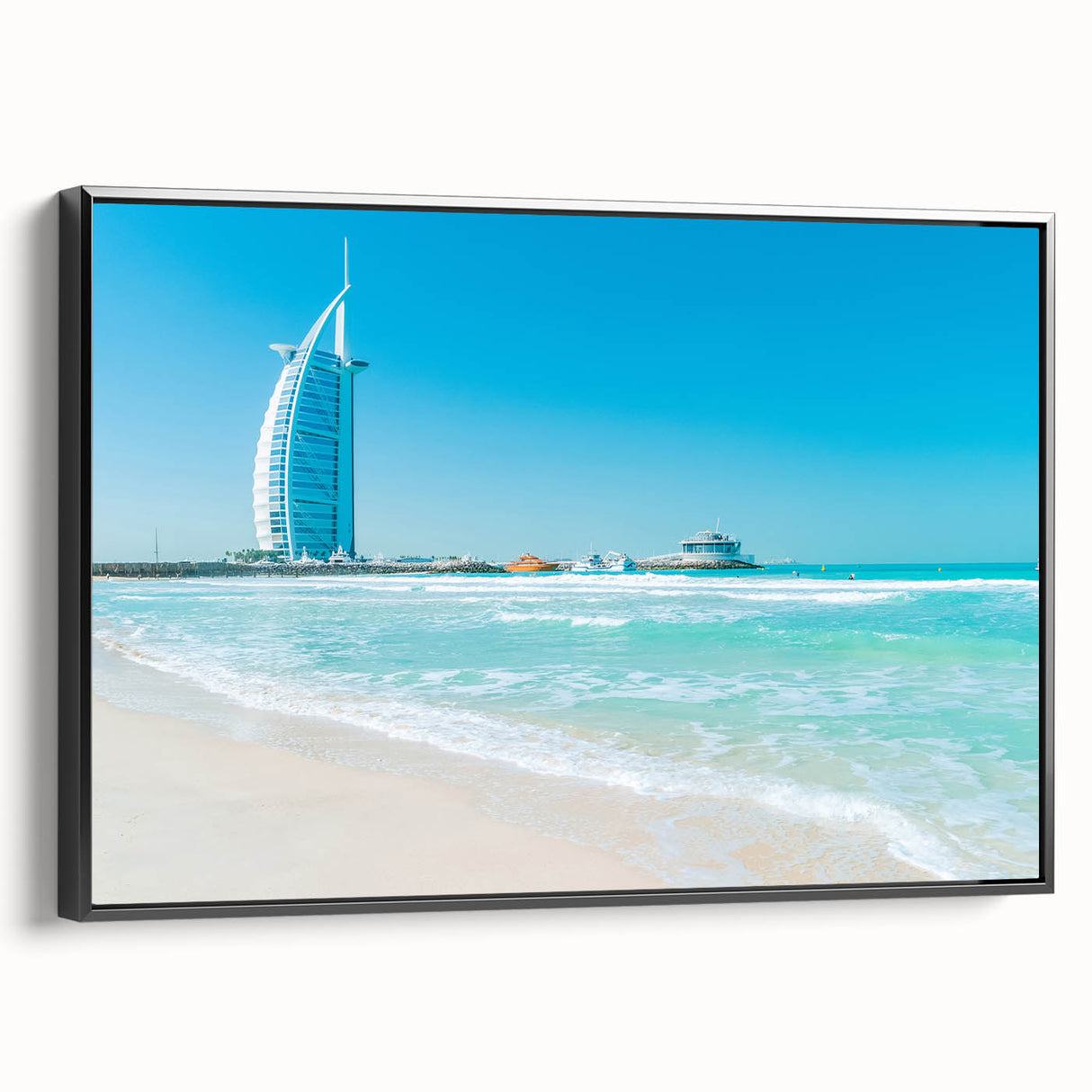 Black and white framed canvas of the Burj Al Arab in a vintage poster style, ideal for bedroom wall decor.
