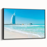 Black and white framed canvas of the Burj Al Arab in a vintage poster style, ideal for bedroom wall decor.