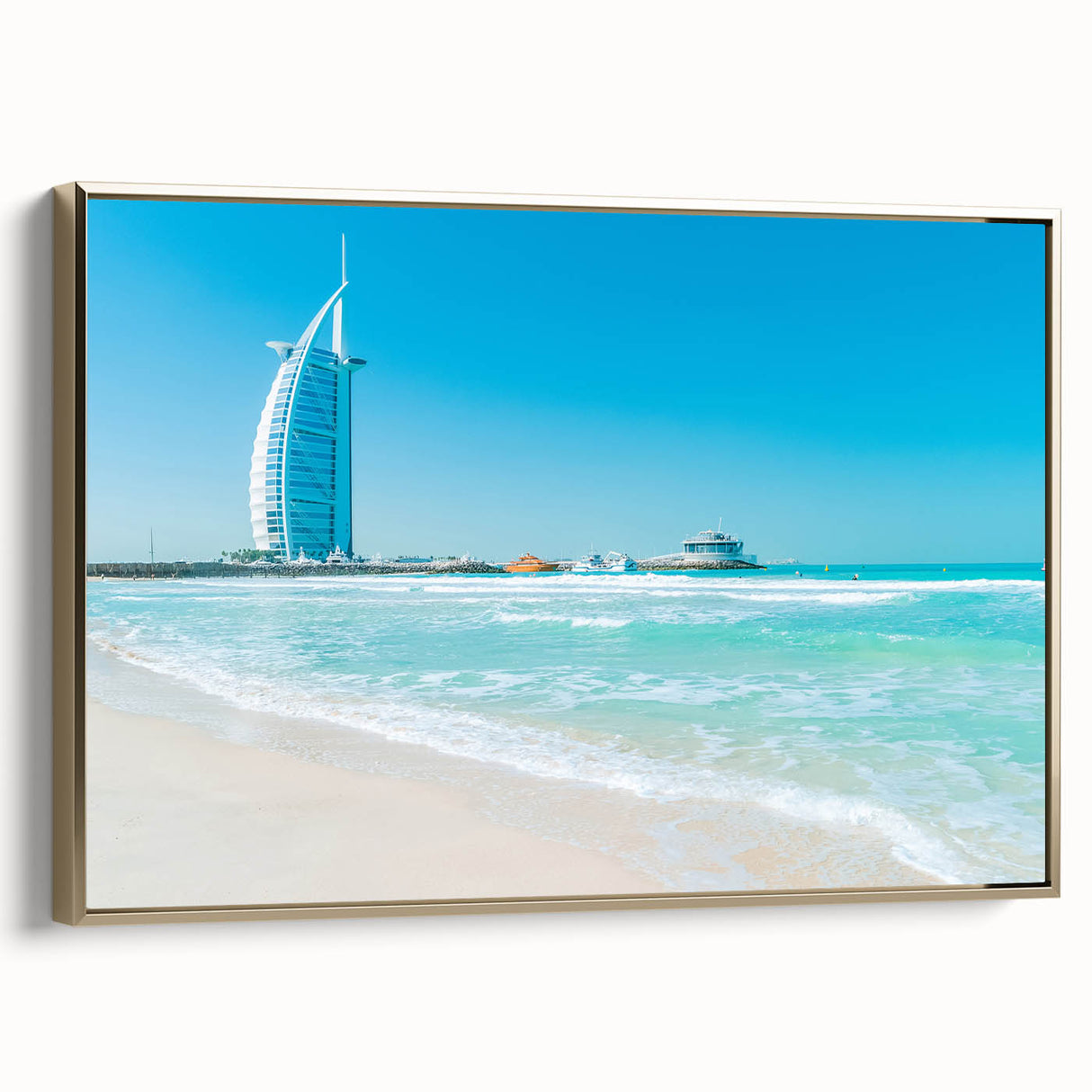 Framed canvas of Burj Al Arab with vintage poster art style in black, ideal for bedroom wall art.