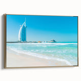 Framed canvas of Burj Al Arab with vintage poster art style in black, ideal for bedroom wall art.