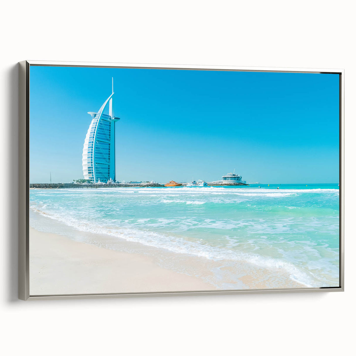 Framed canvas of a colorful landscape art painting featuring the Burj Al Arab, ideal for living room decor.