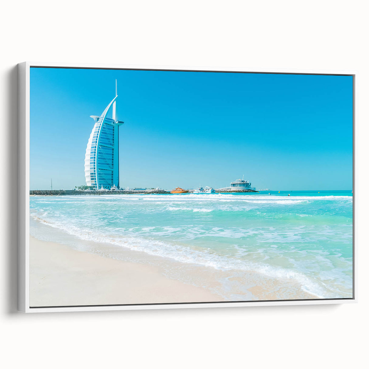 Vintage poster art of Burj Al Arab in colorful hues on a large framed canvas, suitable for living room decor.