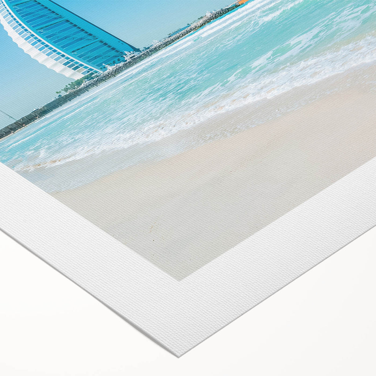 Art deco poster of Burj Al Arab in muted blue and beige tones on rolled canvas, suitable for dining room wall art.