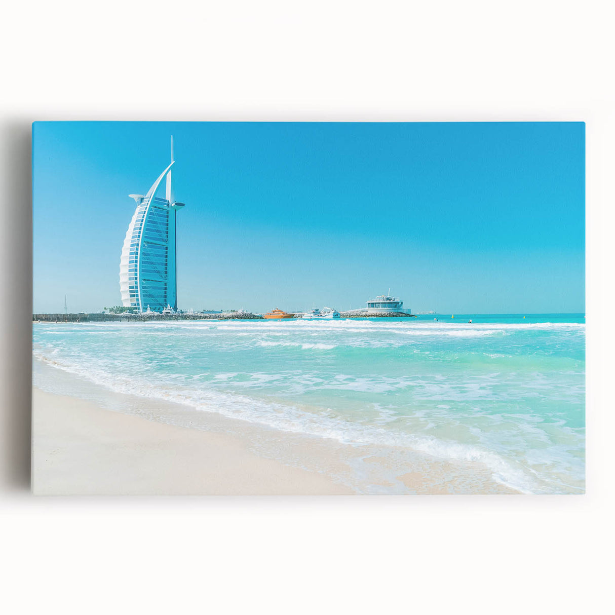 Black and white large art print of Burj Al Arab on stretched canvas, ideal for kitchen wall art.