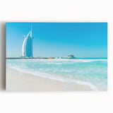 Black and white large art print of Burj Al Arab on stretched canvas, ideal for kitchen wall art.
