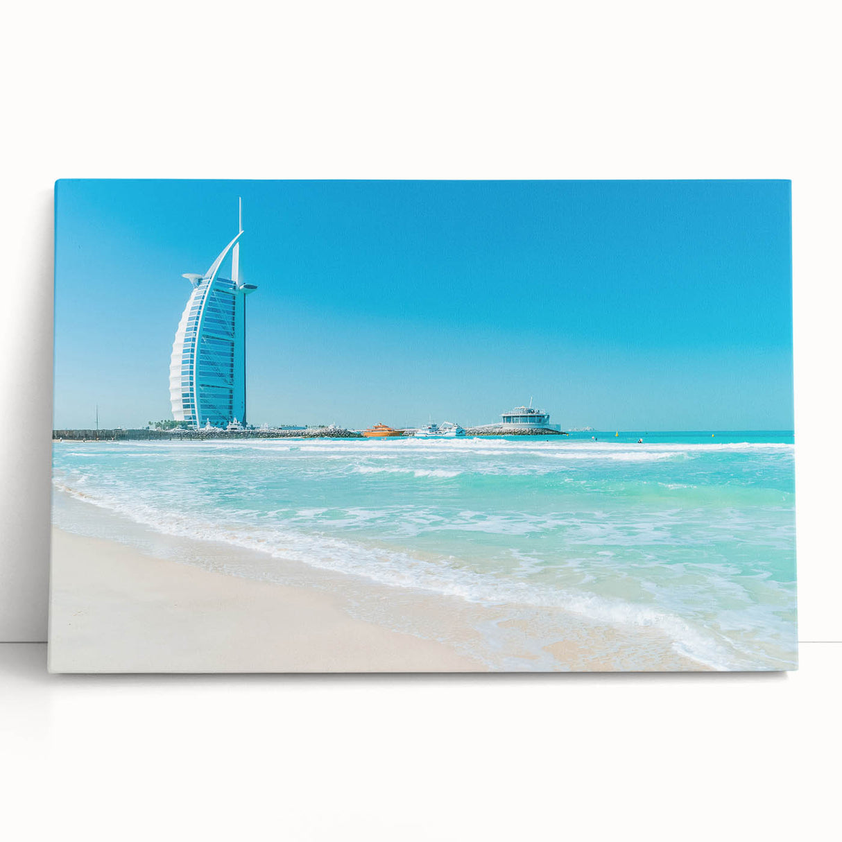 Black and white photograph of Burj Al Arab on a stretched canvas, ideal for kitchen wall art or bedroom ambiance.