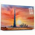 Acrylic print of the Burj Khalifa at dusk in muted blue and orange tones, ideal for modern bedroom or dining room decor.