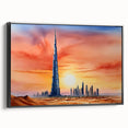 Black and white framed canvas of Burj Khalifa landscape, ideal for bedroom wall art in a vintage poster style.