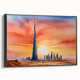 Black and white framed canvas of Burj Khalifa landscape, ideal for bedroom wall art in a vintage poster style.