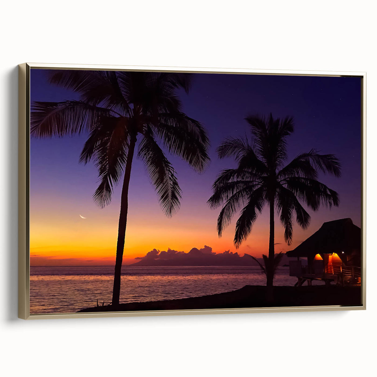 Framed canvas landscape art painting of Oceania, Fiji, with a vintage poster style in gold and black tones.