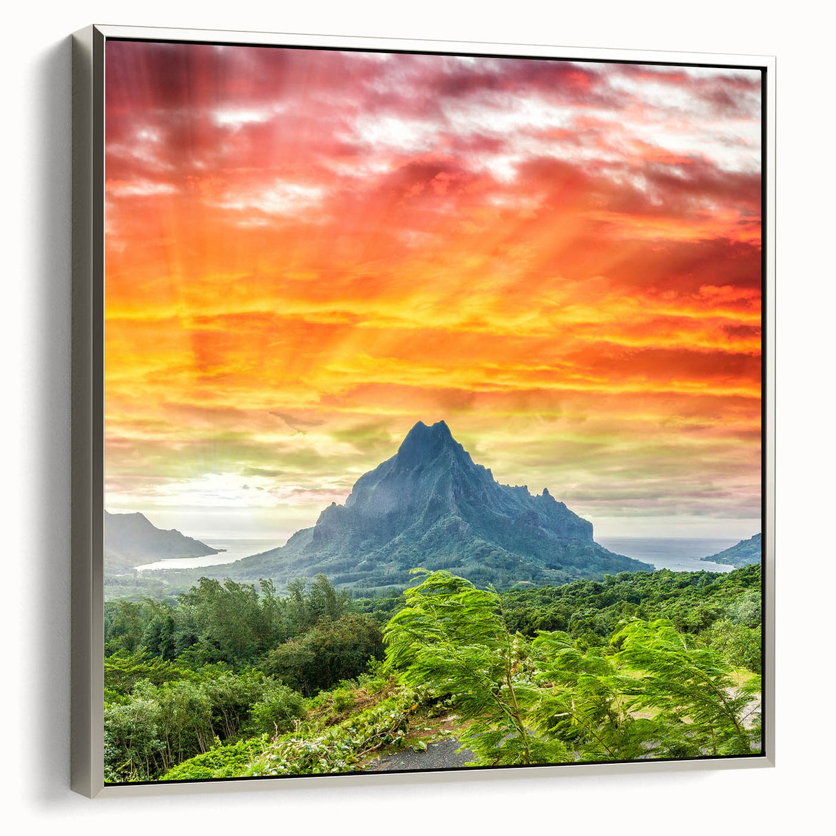 Landscape art painting of Bora Bora with vibrant blue waters and lush greenery on silver-framed canvas.