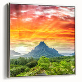 Landscape art painting of Bora Bora with vibrant blue waters and lush greenery on silver-framed canvas.