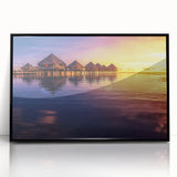 Large abstract wall art of Tahitian scenery in muted blue and green tones, framed in black acrylic.