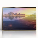 Mid-century modernist art of a Tahitian landscape in muted greens and blues on a framed acrylic print.
