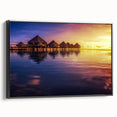 Black and white framed canvas of a Tahitian landscape, ideal for bedroom wall art with vintage poster style.