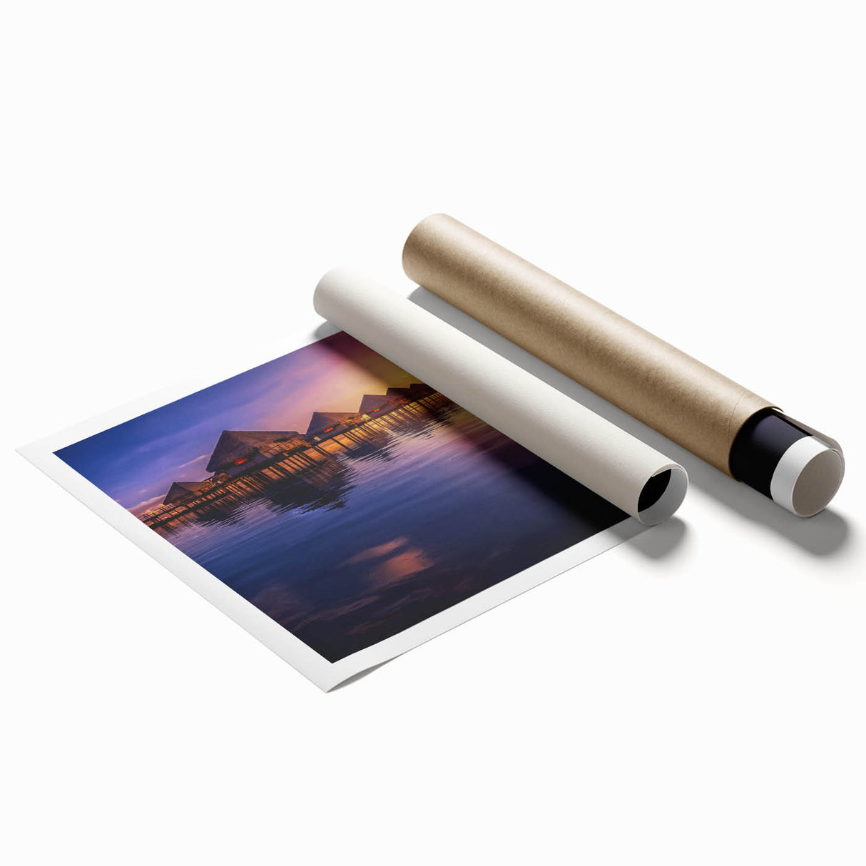 Extra large wall art featuring a serene Tahitian landscape with lush greenery and calm waters, printed on rolled canvas.