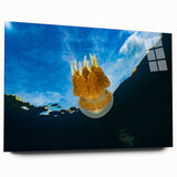 Large abstract ocean scene in blue and teal hues on acrylic glass, ideal for bedroom or dining room art.
