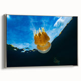 Framed canvas featuring a vintage-style landscape painting of Micronesia with vibrant blue and green hues.