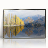 Mid-century modernist art depicting Otago, New Zealand scenery in muted earth tones on a silver-framed acrylic.