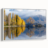 Framed canvas of vintage poster art depicting Otago, New Zealand landscape in muted colors, ideal for living room decor.