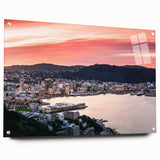 Acrylic print of a large abstract depiction of Wellington, New Zealand, in muted blue and green tones.