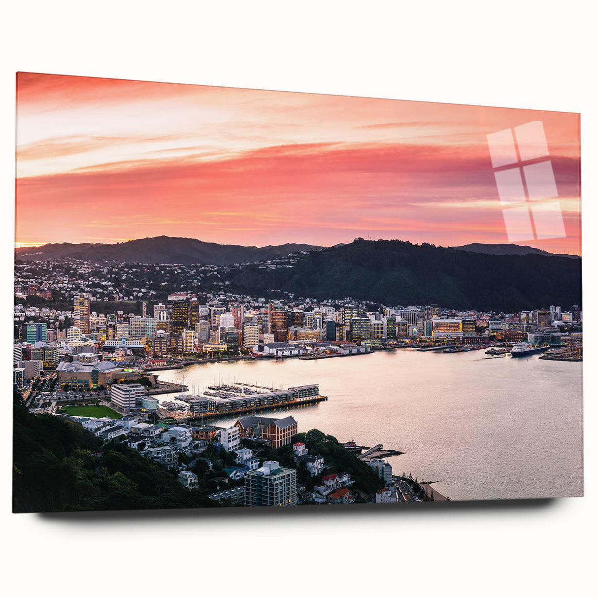 Large abstract wall art featuring the Wellington coastline in muted blue and green tones on acrylic glass.