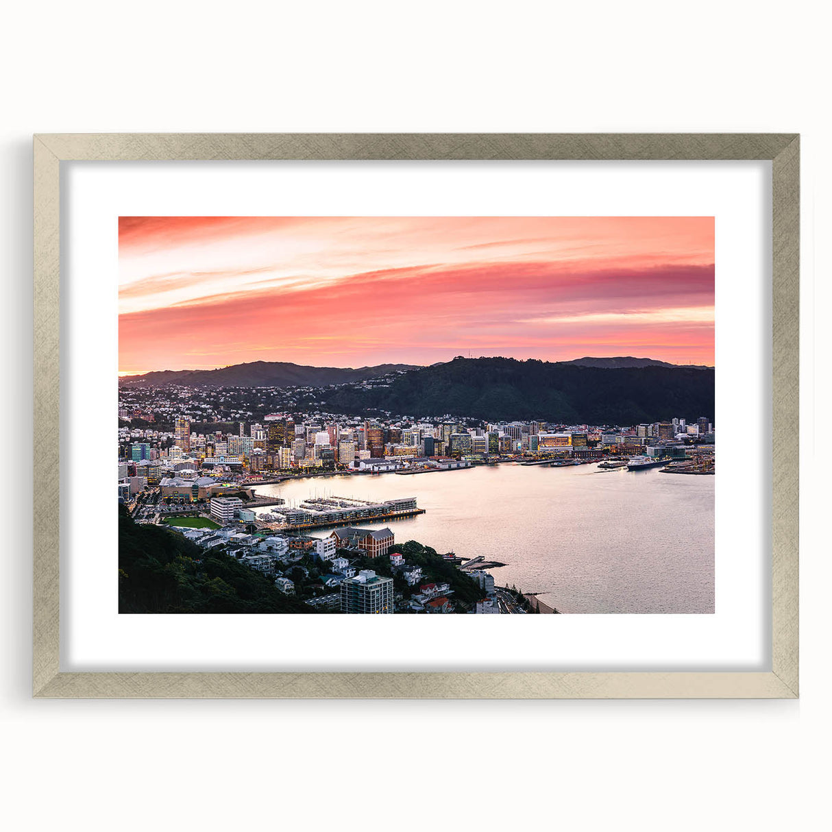 Textured abstract art print of Wellington, New Zealand in muted gray and blue tones on a silver-framed canvas.