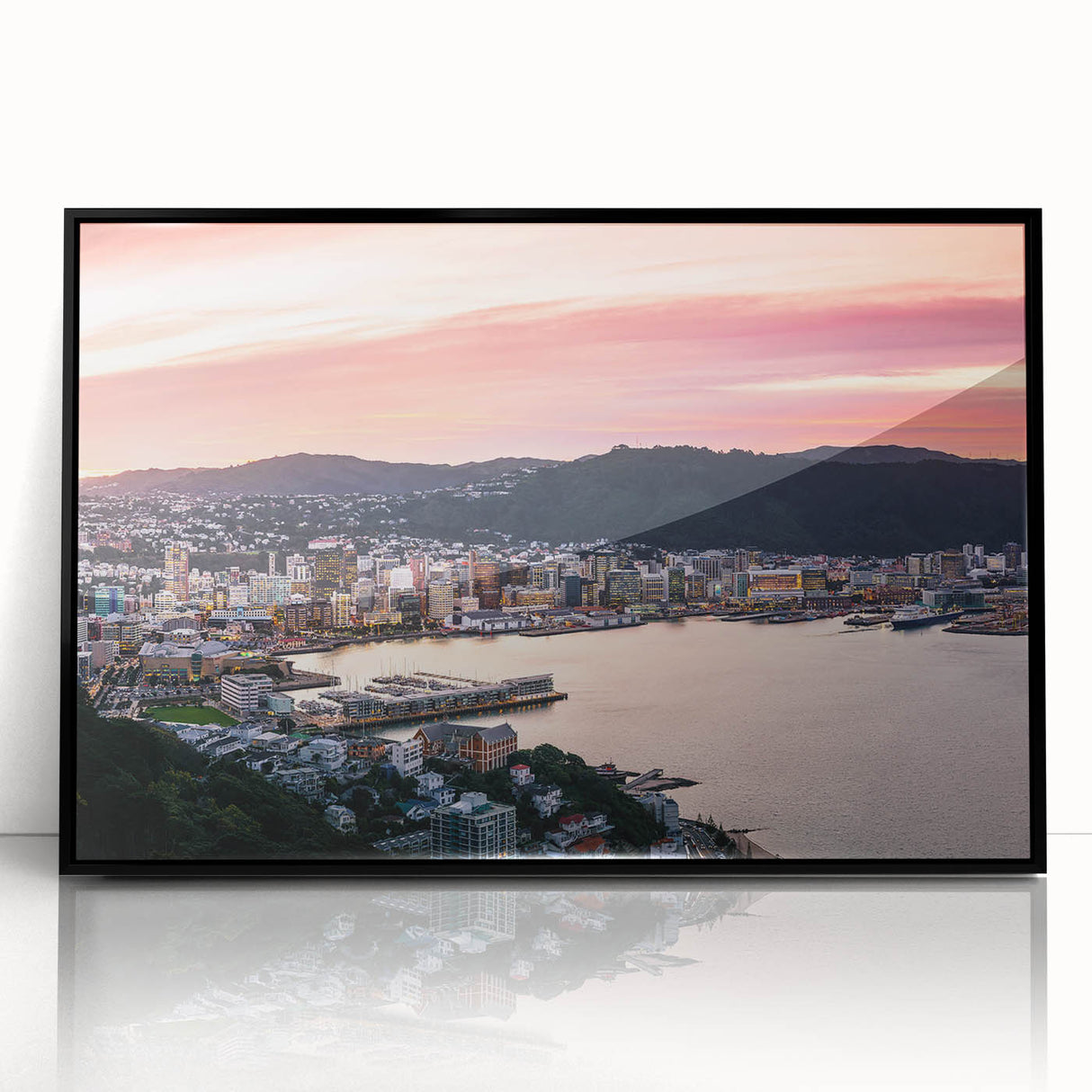 Large abstract wall art depicting Wellington, New Zealand in muted gray and blue tones on a framed acrylic print.
