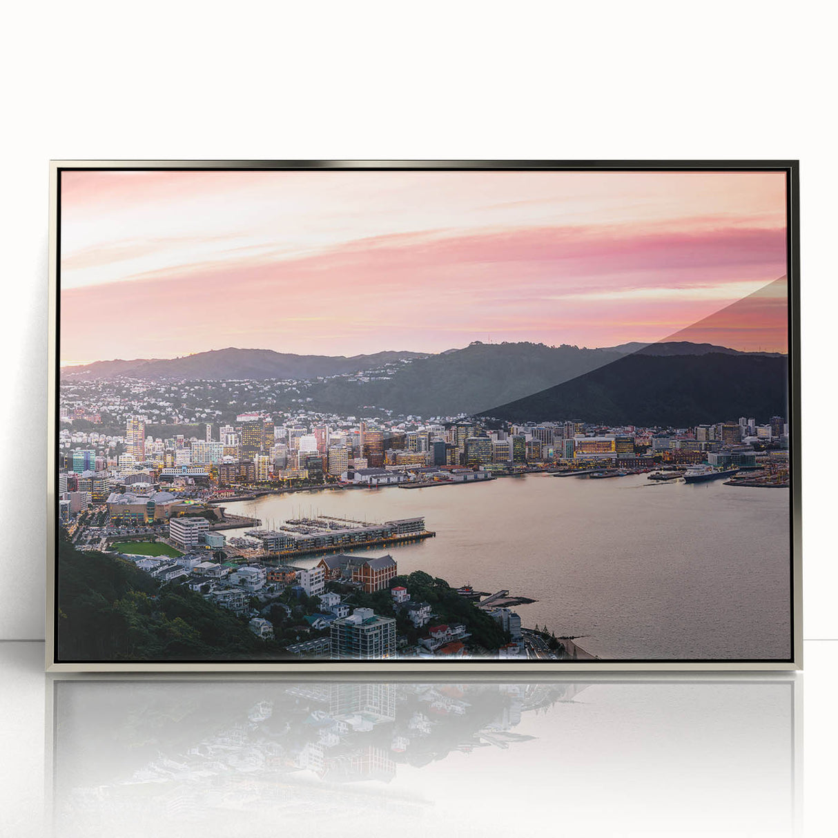 Mid-century modernist acrylic print of Wellington skyline in silver frame, ideal for nursery wall art.