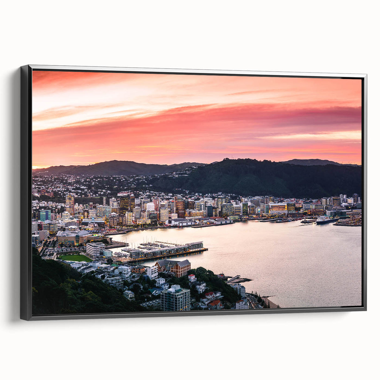 Black and white framed canvas of Wellington, New Zealand landscape, ideal for bedroom wall art.