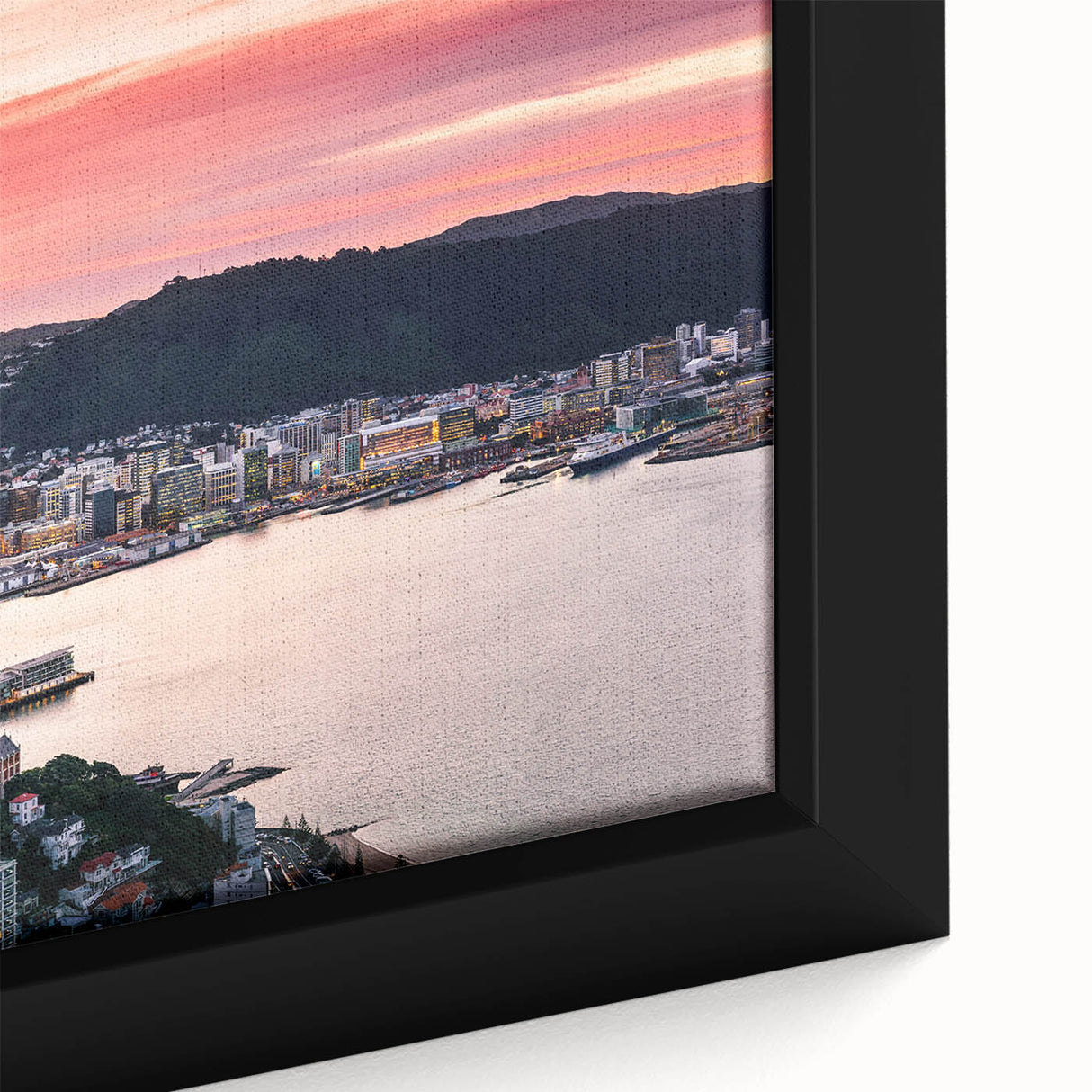 Extra large framed canvas featuring a textured depiction of Wellington, New Zealand in black with colorful accents.